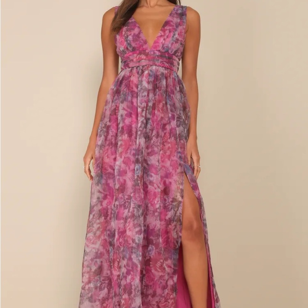 Lulu's Vibrant Pink and Purple Floral Maxi Dress